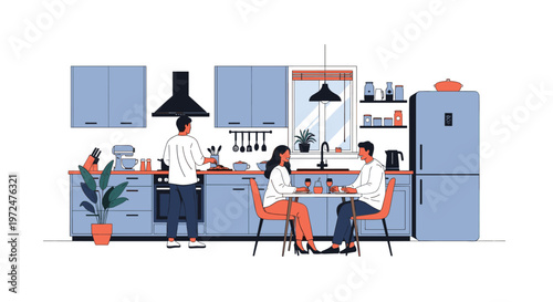 Family shares a meal in a modern kitchen, with one person cooking and others dining at a table, illustrating a harmonious and functional home environment.
