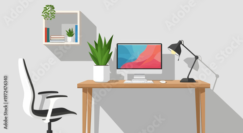 Modern Home Office Desk Setup with Computer and Chair.