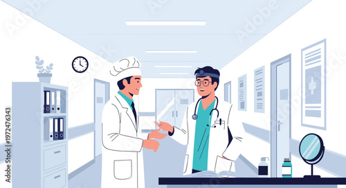Two male doctors in lab coats chat in a hospital corridor, discussing patient cases and collaborating in a clean, professional medical environment.