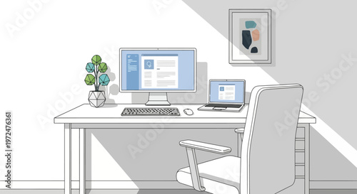 Modern home office desk setup with computer and laptop.