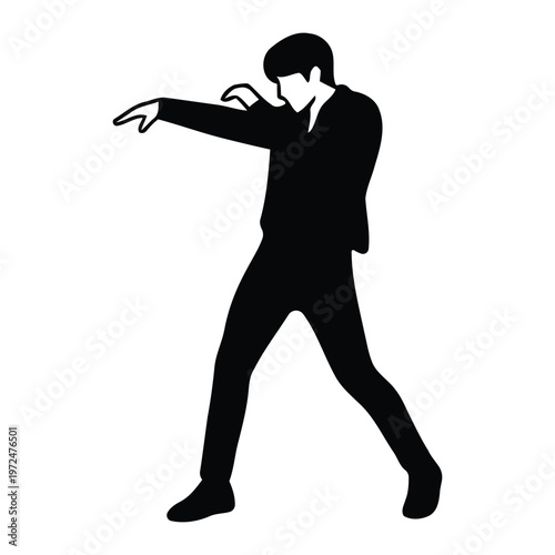 Minimalist vector silhouette of a male K-pop idol in a dramatic dance pose, boy group member performing dark concept choreography, isolated on white background