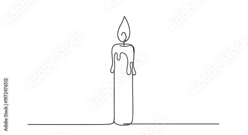 Minimalist continuous line drawing of a single lit candle with melting wax and a small flame on a white background.