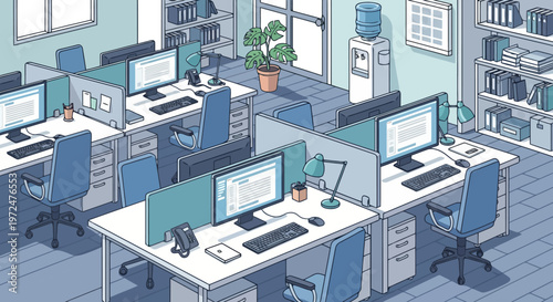 Modern Office Interior With Cubicles and Computers.