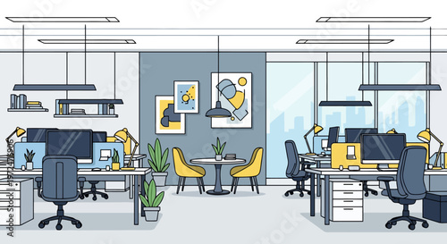 Modern open plan office interior with workstations and meeting area.