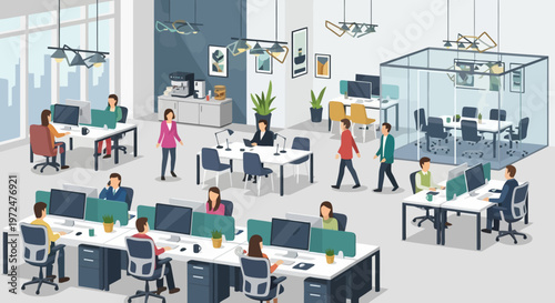 Modern open plan office with diverse employees working at desks.