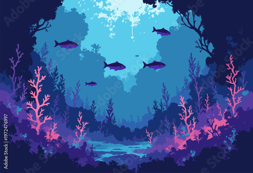 flat illustration underwater, alien kelp forest plants emit soft, pulsating neon glow, lighting up abstract silhouettes strange fish Deep blue purple palette Room copy