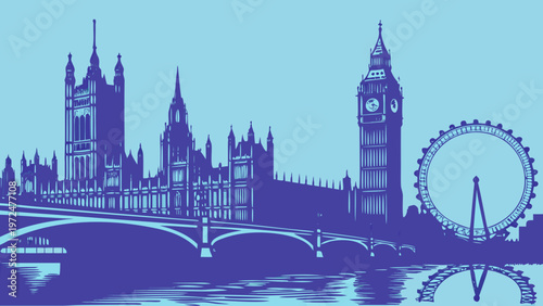 Silhouette skyline of a historic city featuring a famous clock tower bridge and giant observation wheel against a solid light blue background london