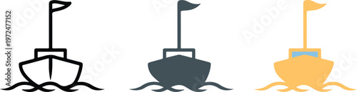 Minimalist front-view boat vector icon set featuring nautical ship travel icons in outline silhouette and flat yellow and blue color styles for marine navigation.