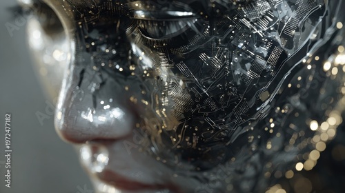 Human face integrated with intricate circuitry and glowing lights