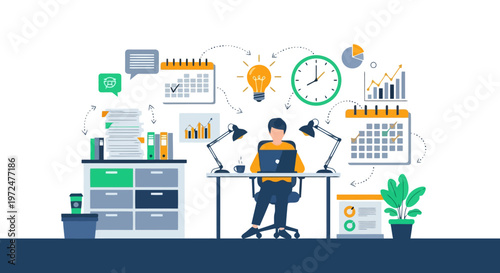 Person working at desk with office supplies and calendar.