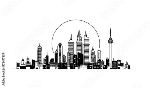Full moon over city skyline vector illustration urban night landscape with modern buildings