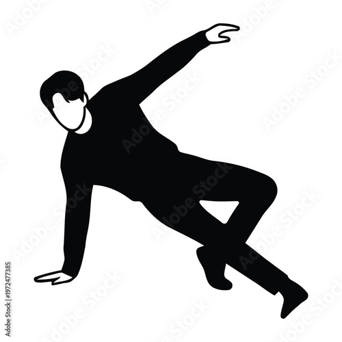 Minimalist vector silhouette of a male K-pop idol performing floor dance choreography, energetic boy group member in a dynamic ground pose, isolated on white background