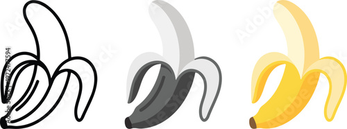 Minimalist peeled banana fruit vector icon set featuring line art silhouette and flat yellow color styles for healthy tropical food branding.