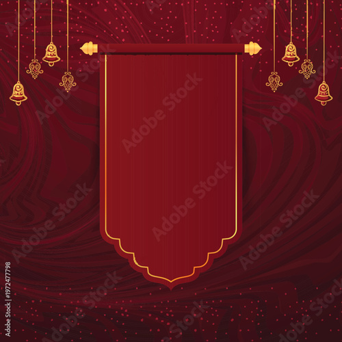 Blank Maroon Hanging Banner with Golden Bells and Ornaments on Red Wavy Background for Festive Invitations