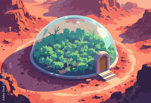 3D isometric view Mars colony agriculture dome Red dusty terrain outside, vibrant green, genetically modified geometric crops glowing inside glass dome Scifi Space text