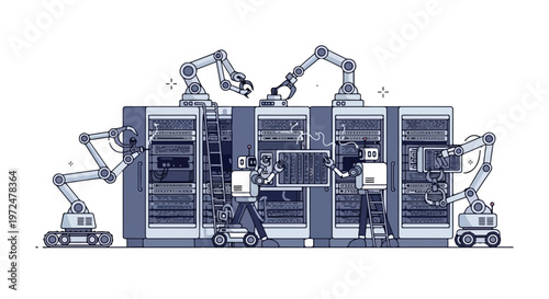 AI-powered robots maintaining server racks in a modern data center