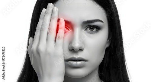 Minimalist portrait of woman covering one eye in distress. Vision loss and blindness prevention concepts. Grayscale woman with red highlight on painful eye area