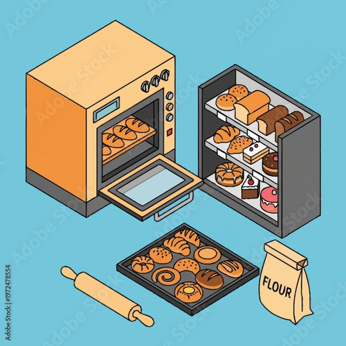 Baking equipment and pastries illustration.