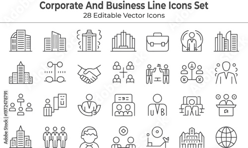 Corporate Business Icons Pack – Office, Management, Team, Finance Line Vector