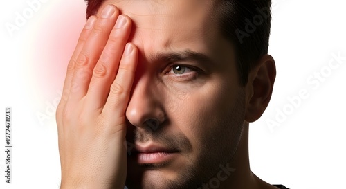 Chronic eye pain and ocular health care. Migraine headache and vision pressure relief. Man covering his face with hand while suffering from severe discomfort and inflammation