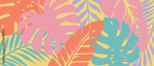 Bright tropical leaves pattern background with monstera and palm foliage