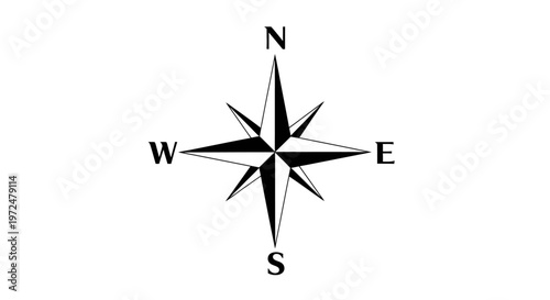 Detailed compass rose indicating N, E, S, W cardinal directions on isolated white background, for navigation.