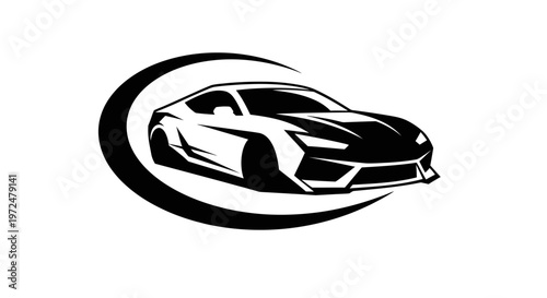 Dynamic black and white logo featuring a sleek modern sports car with a stylized speed curve, ideal for automotive branding on an isolated white background.