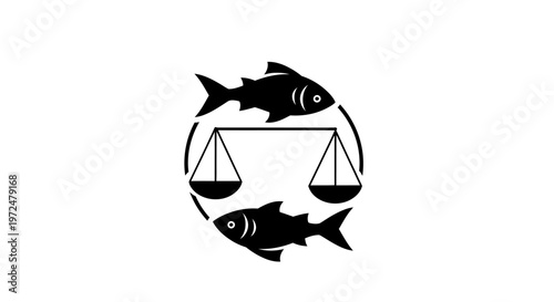 Unique abstract logo featuring two fish and a balance scale within a circular design, symbolizing equilibrium and fairness in an aquatic context, on an isolated white background.
