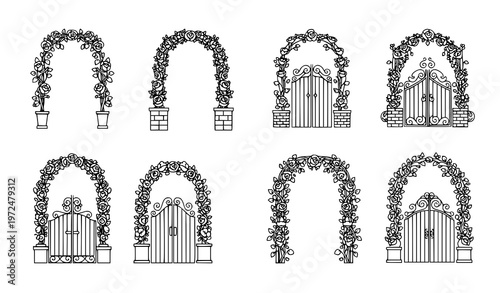Floral Garden Gate Decoration Icons Elegant Classic Entrance Vector Collection