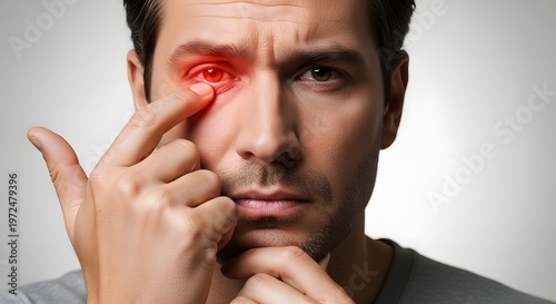 Dry eye syndrome and ophthalmic healthcare. Vision testing and ocular examination. Man pulling down lower eyelid to check for redness and infection symptoms