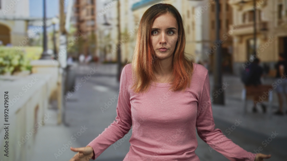 Fototapeta premium Young redhead woman with hands raised in a shrug gesture, pursed lips and visible hands on street wearing a pink sweater, lamp posts and buildings behind; confusion.