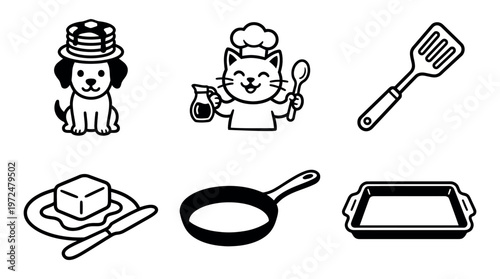 A set of illustrated cooking elements, including dog, cat, and kitchen tools