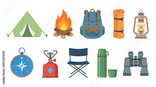 Camping essentials. This vibrant illustration presents a comprehensive collection of outdoor adventure equipment, all arranged for easy viewing. 