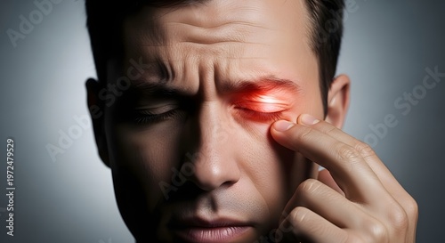 Close up of man touching sore eye with red inflammation. Ocular health and ophthalmology concept. Male patient closing eyes in pain due to infection or allergy