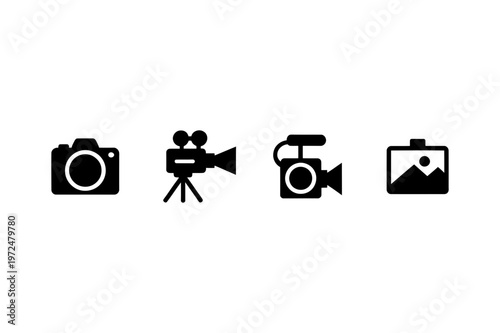 Cameras and picture icons with simple silhouettes for photography and videography concepts on a white background
