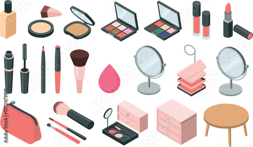 Isometric makeup vanity essentials with cosmetics, brushes, lipsticks, foundation bottles, powder compacts, eyeshadow palettes, organized beauty products
