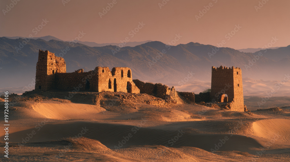 Obraz premium Ancient ruins of a desert fortress desert landscape photography sunset glow wide-angle view historical significance