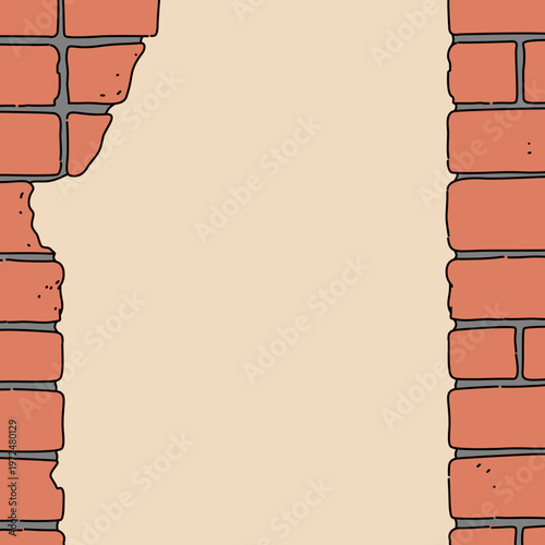 a red brick wall with a hole in it and a blank space. Orange background with block