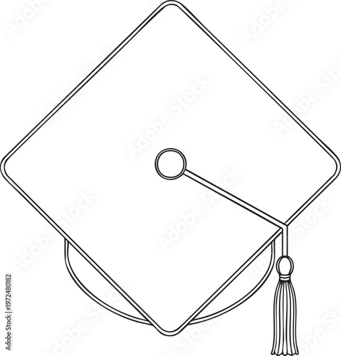 Overhead top view line drawing of a graduation cap with a tassel