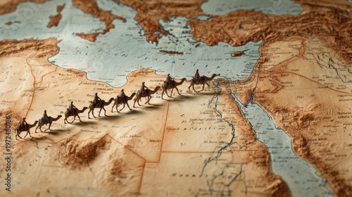 Camel caravan journey across the ancient trade routes of the middle east informative map historical landscape adventure concept