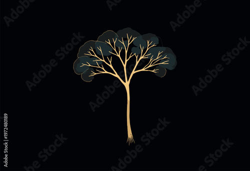 minimalist graphic Ginkgo Biloba leaf, illustrated using only thin, gold geometric wireframe lines solid black background Luxury, scientific, elegant Blank space copy