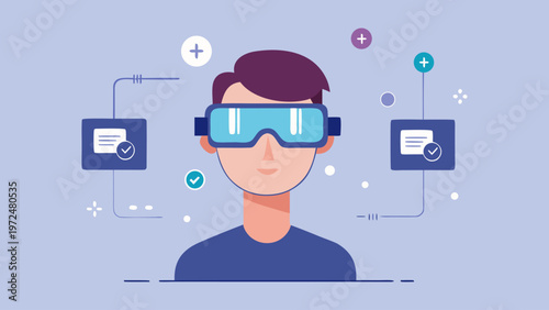 Flat vector illustration of a young man wearing VR headset or smart glasses. Concept of virtual try-on technology and future digital shopping experience on purple background
