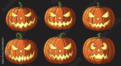 Six carved pumpkins with angry faces are arranged on a dark background for Halloween