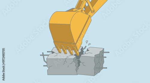 Yellow Excavator Bucket Breaking Concrete Block with Rebar Illustration, Heavy Machinery Demolition and Construction Concept Vector Art