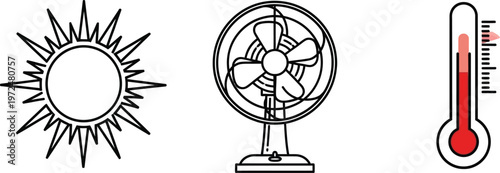 Minimalist vector icon set depicting heat cooling and temperature featuring a sun desk fan and thermometer ideal for weather apps climate control and summer-themed designs