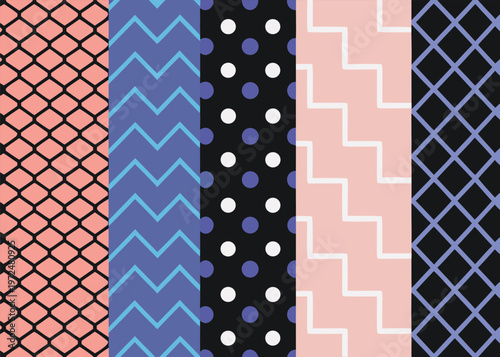 A collection of five vertical pattern strips showcasing various geometric designs like honeycombs, zigzags, polka dots, and lattices in a colorful palette.