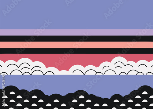 A horizontal abstract landscape featuring lavender and peach bands above white outlined clouds and black patterned hills under a blue sky.