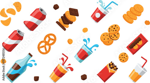 Fast food and snack items pattern with soda cookies chips and pretzels vector illustration