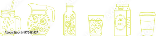 Diverse set of refreshing drinks and beverage containers featuring minimalist outline vector icons perfect for menus apps and healthy lifestyle designs