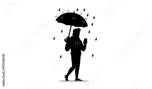 Smiling Man with Umbrella Looking at Phone in Rainy Weather Hand Drawn Sketch Vector